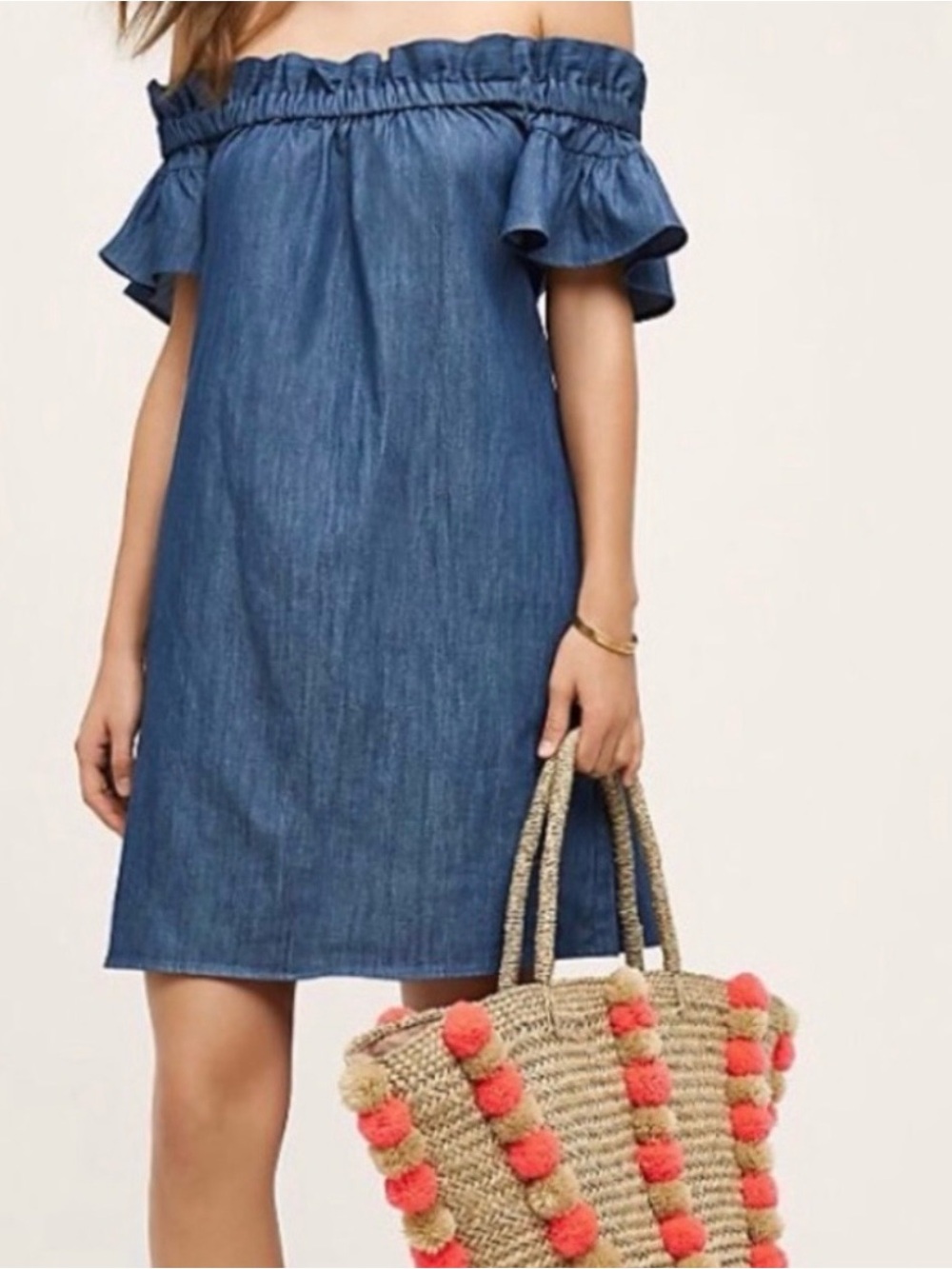 Corey Lynn Calter Off-Shoulder Chambray Dress in Denim with Pockets PTP 19”-21”